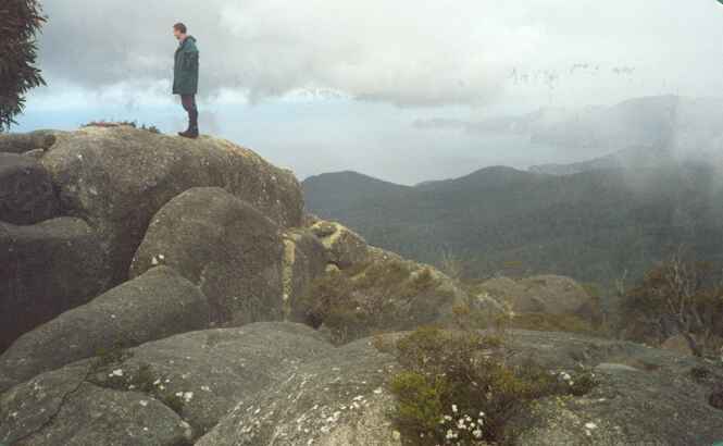 Andreas overlooking Southern Freycinet Peninsula & Schouten Island (Gates Bluff Walk, 2001)